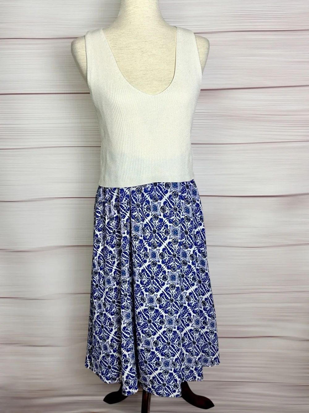 Seraphine 2-in-1 Maternity and Nursing Dress White Ribbed Bodice Blue Skirt US 6 - Picture 4 of 15